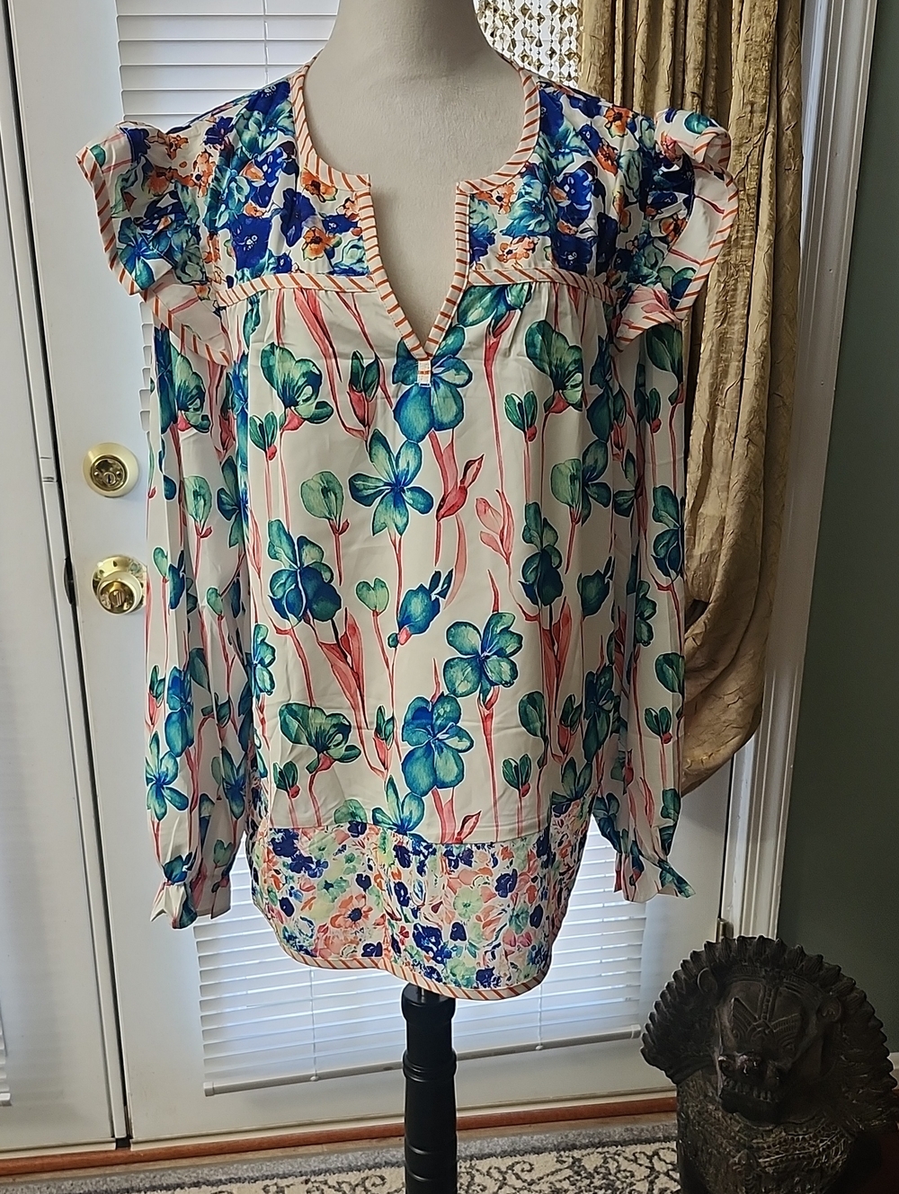 Floral Split-Neck Ruffle Sleeve Blouse - White/Blue/Teal